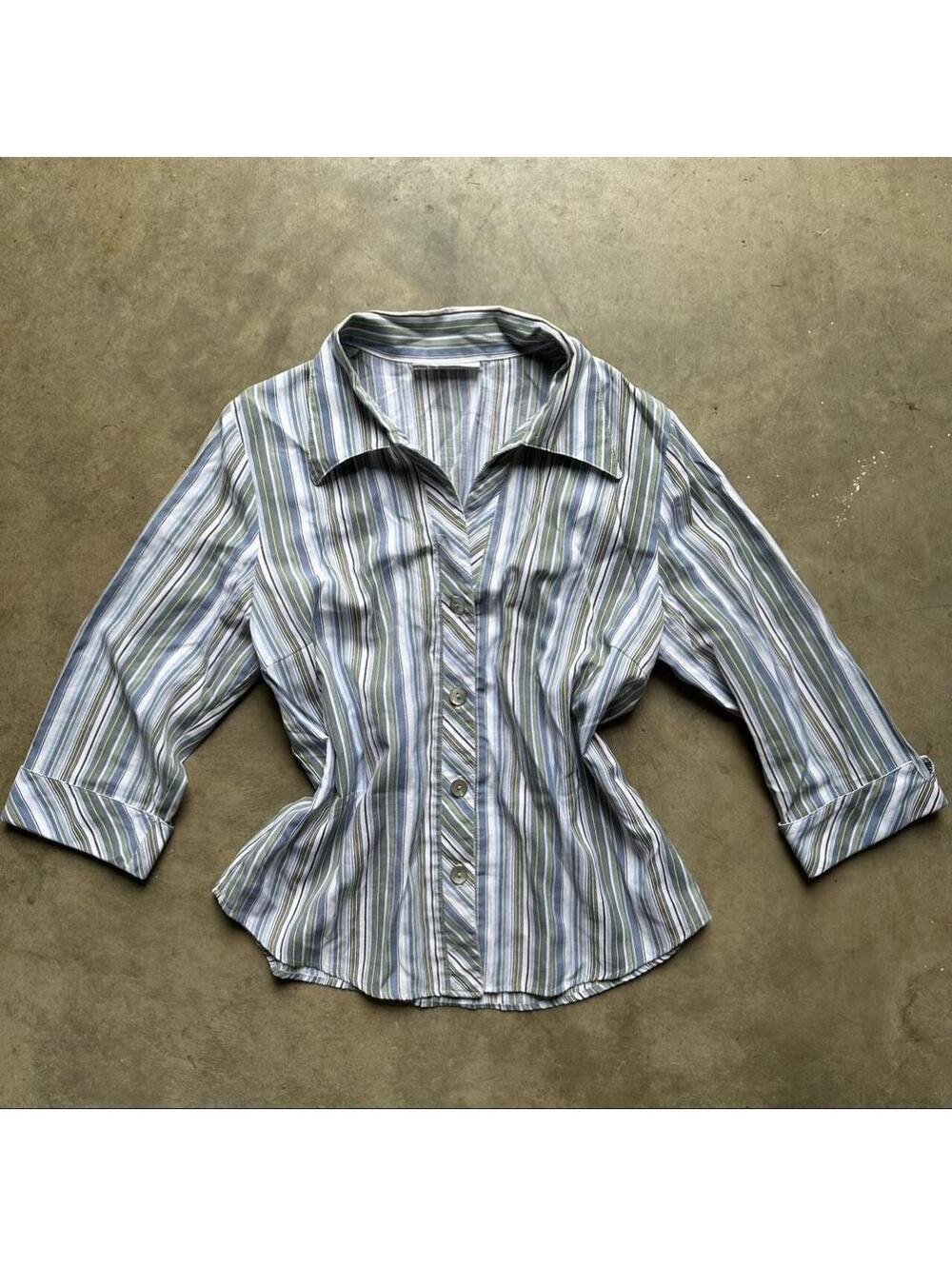 Y2K Dressbarn Blue, White, and Green Vertical Striped Button Up Shirt